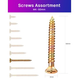 ANVINKU Wood Screws 100 Pcs, M4 x 50mm Screws for Wood, Color Zinc Wood Screws Assortment, Countersunk 50mm Wood Screws, M4 Self Tapping Wood Screws, Assorted Screws for Furniture Repairs