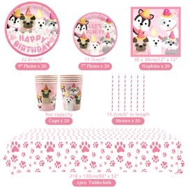 Obussgar Dog Party Decorations, Pink Puppy Paw Birthday Party Tableware Supplies including 9" Dinner Plates, 7" Dessert Plates, Napkins, Cups, Straw,Tablecloth for Puppy Party Decorations -Serves 20