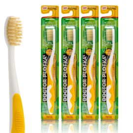 MOUTHWATCHERS Dr Plotkas Extra Soft Kids Toothbrushes Manual Flossing Toothbrushes | Ultra Clean Nano Toothbrushes |4 Pack - Yellow Childrens Toothbrushes