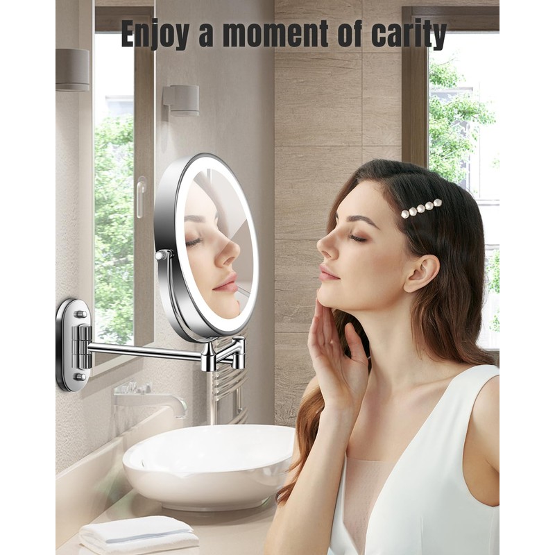 30X/1X Wall Mounted Lighted Makeup Mirror, 8'' Double Sided Rechargeable