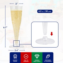 JOLLY CHEF 50 Pack Plastic Champagne Flutes Disposable 4.5 oz Clear Plastic Champagne Glasses Suitable for Wedding, Thanksgiving Day, Christmas