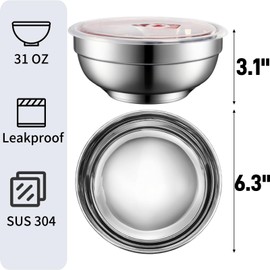 Pumtus 5 Packs 304 Stainless Steel Bowls, 31 OZ Double Walled Bowl with Airtight Lid, Leakproof Insulated Ice Cream Cereal Bowls, Lightweight Unbreakable Metal Serving Bowl for Soup Noodle Rice Snack