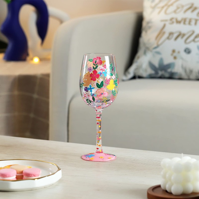 NymphFable Bunte Weingläser Wildblumen Personalisiertes Handgemalt Weinglas Geburtstagsgeschenk für Frauen