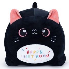 Yeqivo Birthday Cat Plush Pillow Stuffed Animal Toy, Black Birthday Cat Plush Stuffed Animals, Soft Cat Plush Pillow for Kids(Black Cat, 40cm/15.7inch)