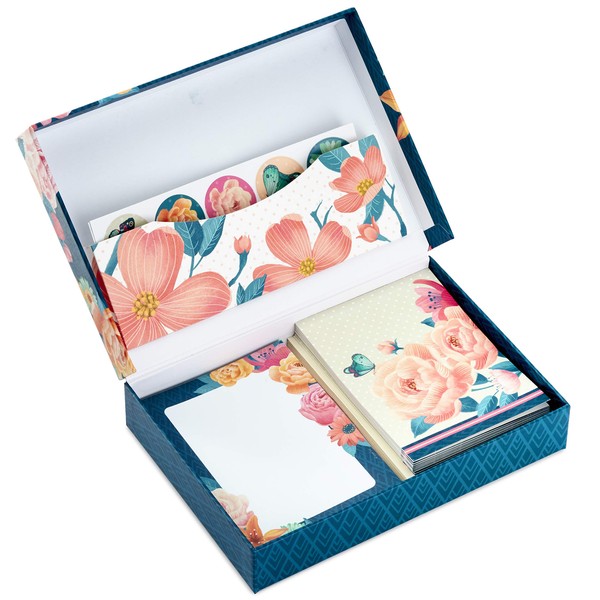Hallmark Stationery Set with Desk Organizer, Floral (10 Blank Cards with Envelopes, 20 Writing Sheets with Envelopes, 75-Sheet Notepad, 30 Seals)
