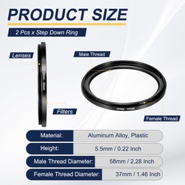 PATIKIL Step Down Ring Adapter 58mm to 49mm, 2 Pcs Filter Step-down Rings Camera Lens Filters Metal Ring Digital for ND IR DSLR Lenses, Black