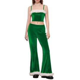 Mrs Claus Costume Adult Women Spaghetti Straps Camisole with Feather Trim and Flare Pants Ladies Red Velvet Christmas Outfits (Green, S)