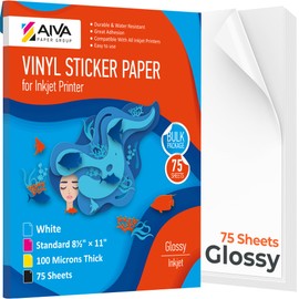 Printable Vinyl Sticker Paper - Waterproof Decal Paper for Inkjet Printer - 75 Self-Adhesive Sheets - Glossy White - Standard Letter Size 8.5"x11"