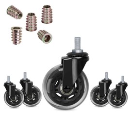 Hirate 3" Office Chair Casters Wheel with 3/8"-16UNC Threaded Stem Mute Gaming Chairs Casters Replacement Safe for Hardwood Tile Floors, Set of 5 with Screw Inserts
