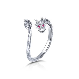 Qings Animal Rings 925 Sterling Silver Dragon / Dinosaur / Cat / Bird Flower Open Adjustable Ring Cute Animal Jewellery Gift for Women, Sterling Silver, No Gemstone