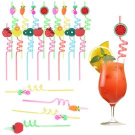 AUAUY Plastic Novelty Straws, 16 Pack Fruit Reusable Drinking Straws, Colorful Curly Hard Plastic Straws, Cartoon Party Straws for Kids Adults Birthday Party Family Reunion Pool Party Decor Supplies