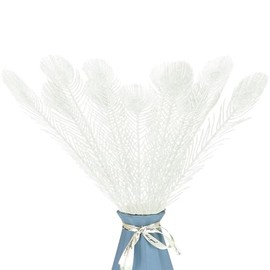 SPWOLFRT 12 Pieces Artificial Peacock Feather Glitter Leaves Christmas Picks Sprays for Xmas Tree Decoration Vase Filler Flower Arrangment Christmas Wreath DIY Crafts Decor (White)