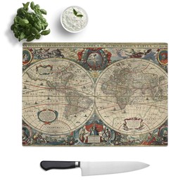 Kitchen Chopping Board Glass - Henricus Hondius II - Vintage World Map 2 - Textured Worktop Saver Cutting Board - Heat Resistant, Shatterproof and Hygenic - 28.5 x 20 cm