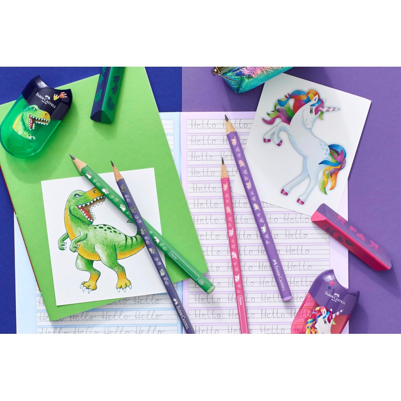 FABER-CASTELL 111519 Dino Writing Set with Pencils HB, Sharpener and