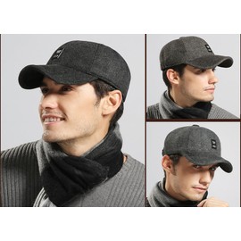 Men's Winter Warm Wool Woolen Tweed Peaked Baseball Cap Hat with Fold Earmuffs Warmer (Y-Black)