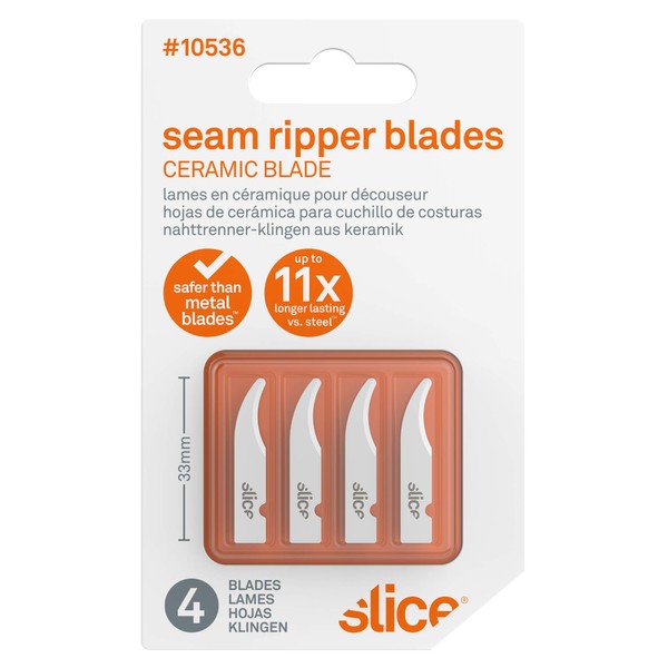 Slice 10536 Seam Ripper Blades (Rounded Tip) Finger-Friendly Ceramic Safety Blades - Stitch Unpicker And Thread Cutter - Pack of 4 Blades