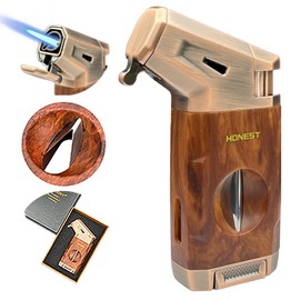 Cigar Torch Lighter with V Cutter, Powerful Jet Flame Refillable Butane Lighters with Fuel Window and Adjustanle Flame Cool Lighter Gift for Men (Without Gas)