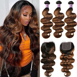 UNICE Brown Highlight Body Wave Human Hair 3 Bundles with 4x4 lace closure Free Part, Brazilian Remy Hair Ombre Human Hair Wavy Weaves FB30 Color 16 16 18+16 Closure