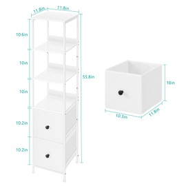 NOVIMANGO Bathroom Tall Cabinet, Skinny Floor Storage Cabinet, 5-Tier Corner Shelf with 2 Fabric Drawers, Freestanding Towel Organizer Rack Stand, Multifunctional Corner Unit, White