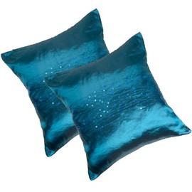 Pack of 2 Teal Embroidered Sequin Satin Taffeta Cushion Covers - 43cm x 43cm