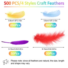 500 pcs Feathers for Crafting, Colorful Craft Feathers, Natural Goose Feathers for DIY Handmade Crafts, Box Filling, Dream Catcher, Mask, Party, Wedding Decoration (4 Styles)