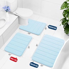 Buganda Memory Foam 3 Pieces Bathroom Rugs Set - Thick Soft Absorbent Non-Slip Bath Mats, Washable Small/Large/Contour Bath Rugs, Light Blue