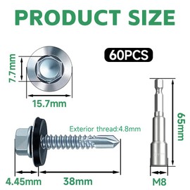 4.8x38 mm Self-Drilling Roofing Screws, 60 pcs Hex Head Self Tapping Screws, Hex Head Self-Drilling Roof Screws with Rubber Sealing Washer. with Hex Socket, Zinc Plat.