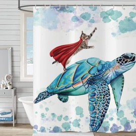 Hnmdmyi Funny Shower Curtain 180x180, Cat Shower Curtains Teal Sea Turtle Ocean Underwater Kids Bathroom Curtains with Hooks Waterproof Polyester Fabric Washable Bath Curtains for Wet Room