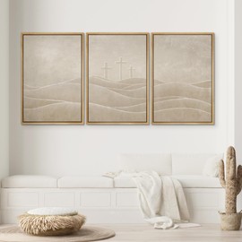 SIGNWIN Framed Canvas Print Wall Art Set Christian Cross Hill Minimalist Beige Religious Illustrations Modern Art Contemporary Minimal Ultra for Living Room, Bedroom, Office - 16"x24"x3 NATURAL