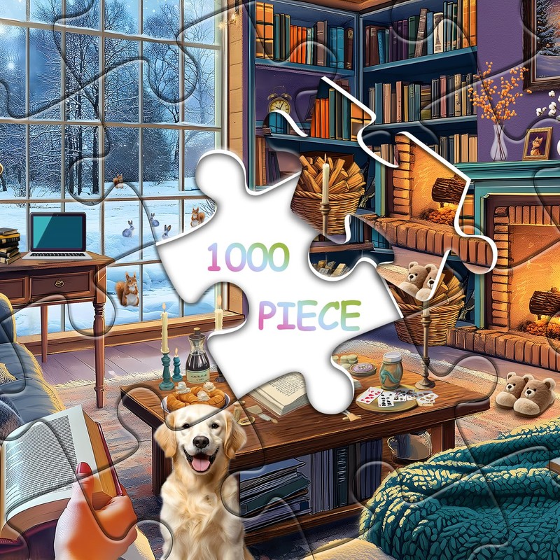 Cozy Living Room Puzzles 1000 Pieces, Winter Scene Cabin Jigsaw