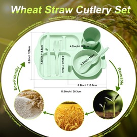 24 Pcs Wheat Straw Dinnerware Cutlery Set for Aldult Including Divided Plates Microwave Dishwasher Safe Bowl Unbreakable Tableware Straw Cutlery Spoon Knife Fork(Green)