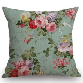 Swono Beautiful Flower Decorative Cotton Linen Throw Waist Pillow Case Cushion Cover Floral Pillowcase 18x18 Inches