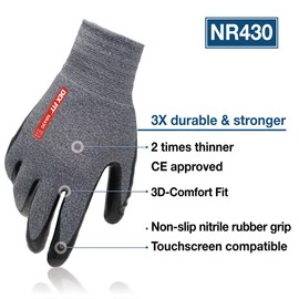 DEX FIT 2X Durable Nitrile Rubber Work Gloves NR430; 3D-Comfort Fit, Non-Slip Grip, Touchscreen Compatible, Heavy Duty for Construction Work; Grey M (8) 3 Pairs