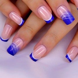 24 Pcs French Tip Press on Nails Medium Square False Nails Glitter Gradient Full Cover Glue on Nails Bling Fake Nails Acrylic Coffin Nails Stick on Nails for Exquisite Women DIY, Pink&Blue