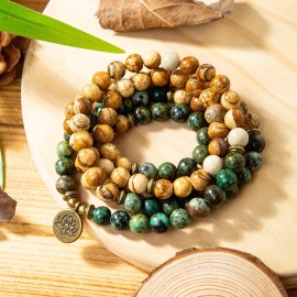 Unbranded 108 Mala Beads Picture Jasper African Turquoise Prayer Bracelet Lotus Pendant