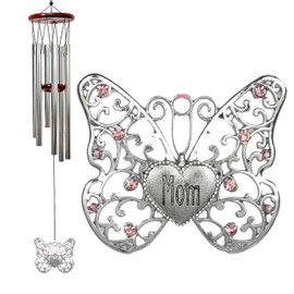 BANBERRY DESIGNS Mom Butterfly Wind Chimes - Wood Windchime with Silver Filigree Mom Butterfly Pink Rhinestones in The Wings - Approx. 37 Inches Long - Indoor Outdoor Chimes Butterflies Mother