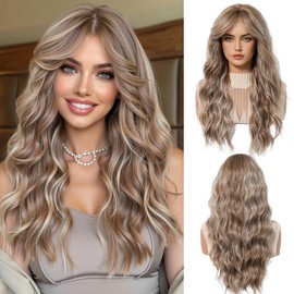 OUFEI Blonde Mixed Light Brown Long Wavy Wig for Women with Curtain Fringe Natural Curly Synthetic Hair Heat Resistant Wigs for Daily Party Cosplay Wear