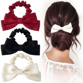 BEIQIYA 3pcs Bow Hair Scrunchie for Women, Soft Ribbon Bowknot Ponytail Holder, Non-Slip Bow Elastic Hair Ties Ropes Hair Accessories for Parties Ceremonies Festival Daily Wearing- Black & Red & White