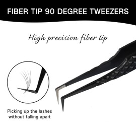 VAVALASH Lash Tweezers for Eyelash Extensions, Fiber Tip Diamond Grip 90 Degree Tweezers for Lash Extension,Professional Precision Black Lash Tweezers for Volume & Classic Lashes (90 Degree Tweezers)