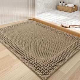tchdio Waffle Bath Mat - Super Absorbent Bathroom Rugs Non Slip Washable, Quick Dry Bathroom Mat with Tassels, Boho Bath Mat Ultra Soft Bath Rugs for Bathroom Floor, 17"x24" Brown