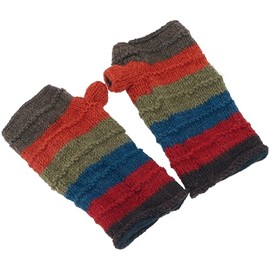 GURU SHOP Ringed Hand Warmers from Nepal, Hand Knitted Virgin Wool Pulse Warmers - Olive Green/Colourful, Men/Women, Multicoloured, Size: One Size, Gloves and Hand Warmers Alternative Clothing,