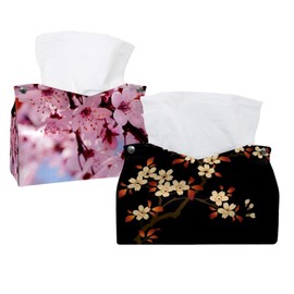 2 Pack Tissue Box Cover Holder, Cherry Blossom Rectangle Leather Tissue Case, Decorative Organizer for Tabletop, Bathroom, Car, Office