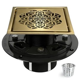 6 Inch Shower Drain, Square Shower Floor Drain Kit with Flange and Removable Cover Grate, AISI 304 Stainless Steel, Brushed Gold