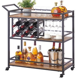 FATORRI Bar Cart for The Home, Rolling Wine Carts on Wheels with 3 Tier Wood Shelves, Liquor Beverage Cart with Wine Rack and Glass Holder (Rustic Oak)