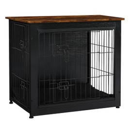 DWANTON Dog Crate Furniture with Cushion, Wooden Dog Crate with Double Doors, Dog Furniture, Dog Kennel Indoor for Small Dog，End Table, 27.2" L, Black+Rustic Brown