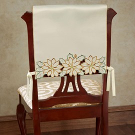 Winter Poinsettia Luxury Holiday Chair Cover Set of Two | Elegant Ivory Polyester Satin | Handcrafted Cutwork Poinsettia Flowers with Embroidery | Decorates Dining Chairs for Christmas Entertaining