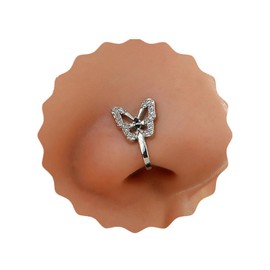 Crymystal Vintage Rhinestone Butterfly Nose Ring Silver Fake Fan Nose Ring Nail U-shaped Clip Nose Nail Bendable Nose Ring Personality Nose Ring Jewellery for Women and Girls Gifts, Zinc alloy