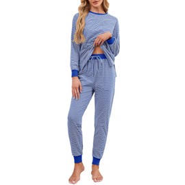 Becotal Soft Cotton Pajamas for Women Set Striped Long Sleeve Lounge Sets 2 Piece Pajama Tops and Jogger Pants with Pockets Cute Pjs Blue M