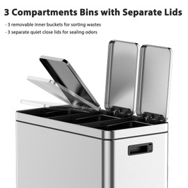 Kitchen Trash Can, 3x5.3 Gallon Garbage Can, Stainless Steel Waste Bins for Recycling and Trash, 3 Compartments with Removable Inner Buckets, Step On Pedal, Quite-Close Lid, Silver