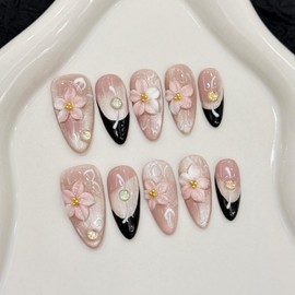 Handmade Press on Nails Almond French Tip Fake Nails with 3D Flower Designs False Nails Pink Glitter Acrylic Nails for Women 10pcs (Size M）